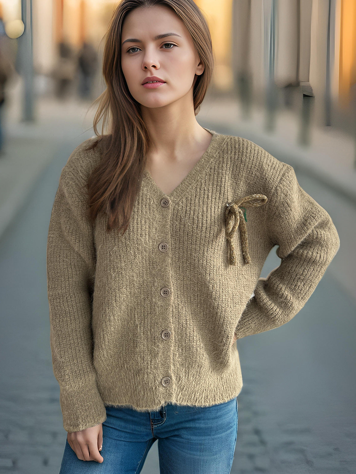 Damen Strickcardigan Feinripp Norvielle Beige