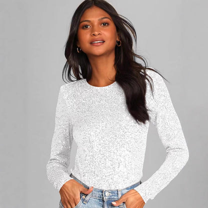 Damen Glitzerndes Bodysuit Längsärmig Schimmernder Stoff