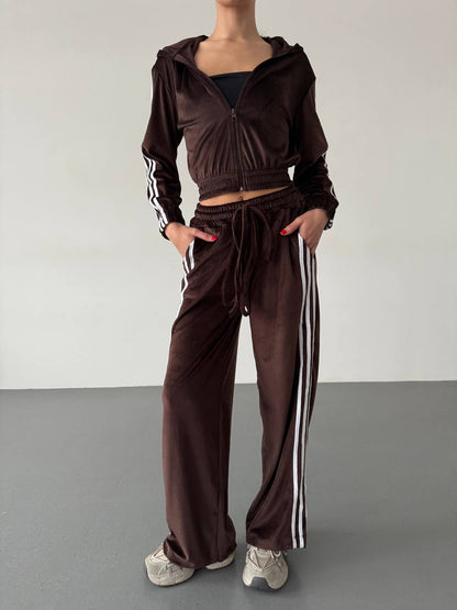 Damen Fleece Sportanzug Cropped Jacke Weite Hose Norvielle