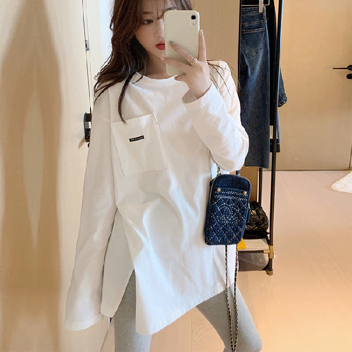 Damen Longsleeve-Shirt mit Tasche Baumwolle Beige