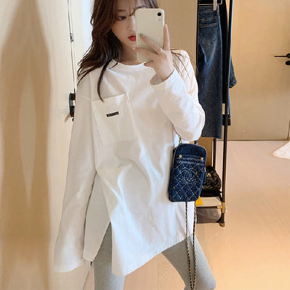 Damen Longsleeve-Shirt mit Tasche Baumwolle Beige