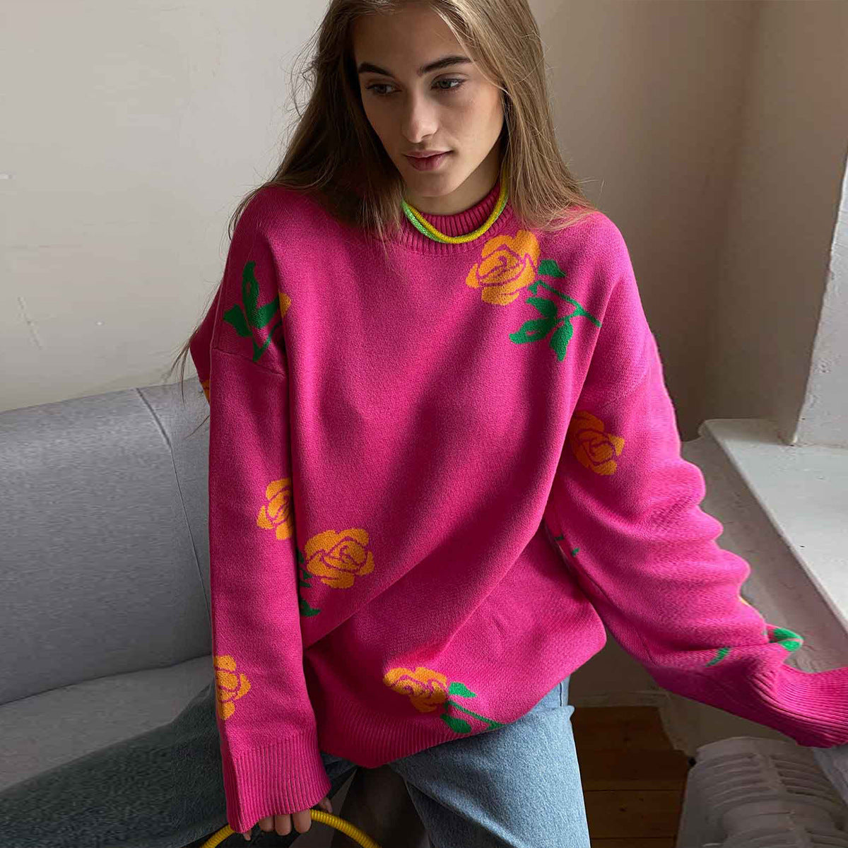 Damen Strickpullover Floralmuster Locker Norvielle