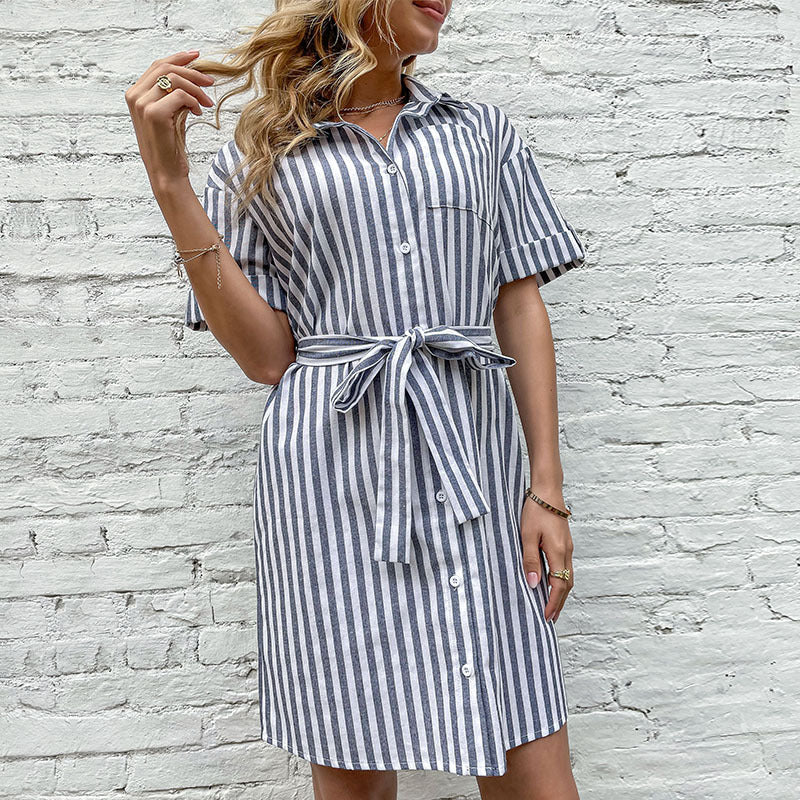 Damen Hemdblusenkleid mit Gürtel Streifenmuster