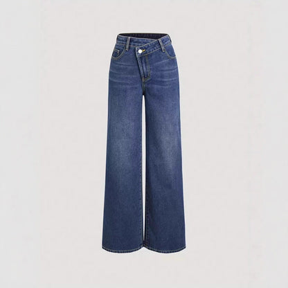 Damen Weite Denim-Hose Hochbund Klassisch Blau - Norvielle