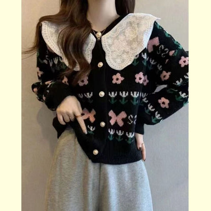 Damen Strickjacke Floralmuster Großkragen Norvielle