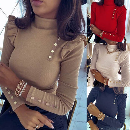 Damen Langarmshirt Rüschendetails Knopfverzierung Norvielle - Norvielle