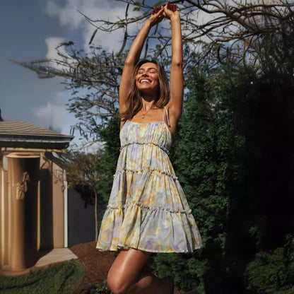 Damen Sommerkleid Luftig Rüschen Spaghetti-Träger Norvielle
