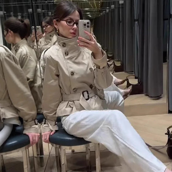 Damen Kurztrenchjacke Doppelter Knopfverschluss Taillengürtel