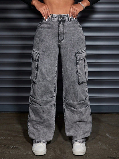 Damen Hochbund-Cargo-Jeans mit Seitentaschen Norvielle
