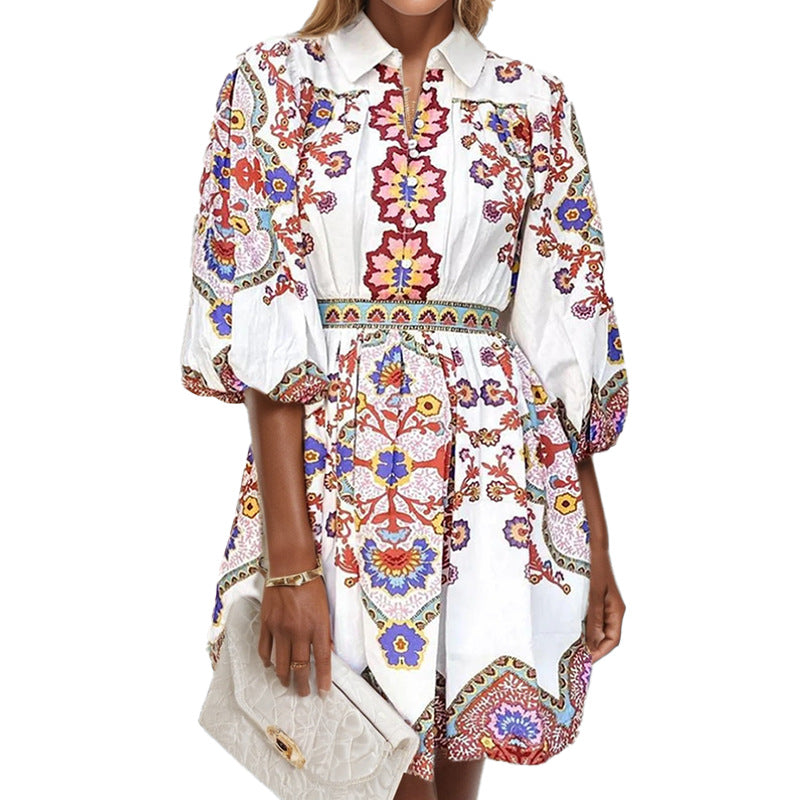 Damen Blusenkleid mit Floralmuster und Raffärmeln