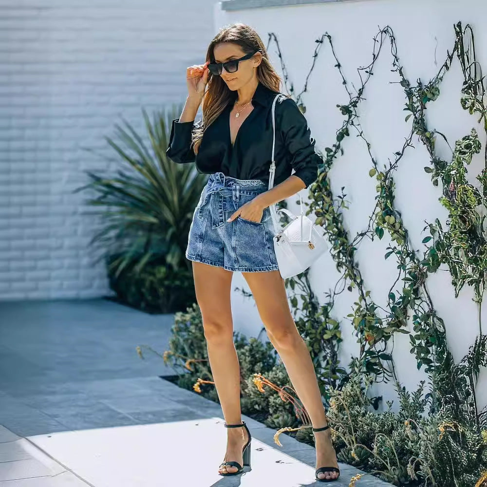 Damen Hochwaist Denim Shorts Abnehmbarer Gürtel