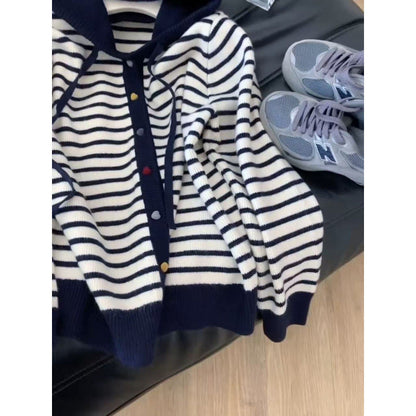Damen Strickjacke Kapuze Gestreift Norvielle