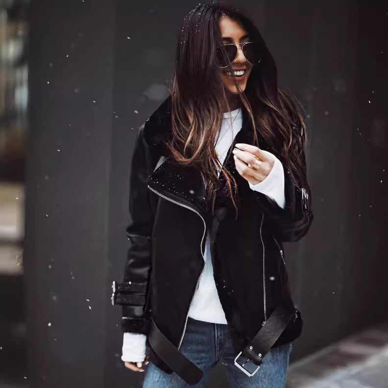 Damen Kunstlederjacke Abnehmbares Innenfutter Schwarz - Norvielle