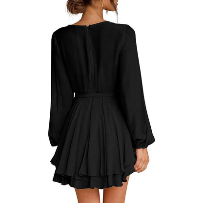 Damen Wickelkleid Langes Ärmelkleid mit Volant Dunkelblau