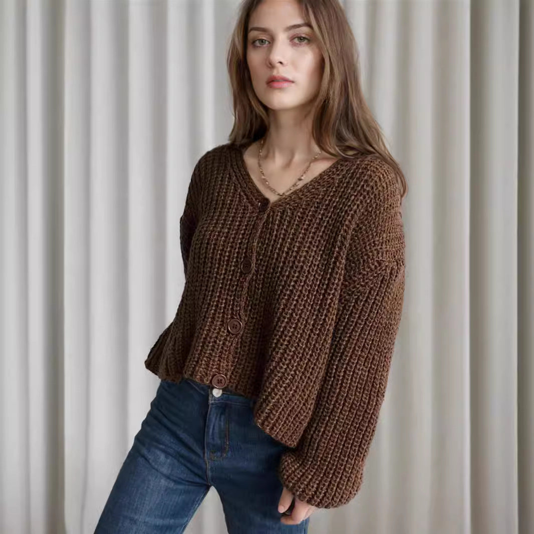 Damen Cropped Strickjacke Grobmaschig Große Knöpfe Beige