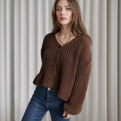 Damen Cropped Strickjacke Grobmaschig Große Knöpfe Beige