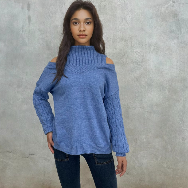 Damen Pullover Schulterfrei Zopfmuster Norvielle