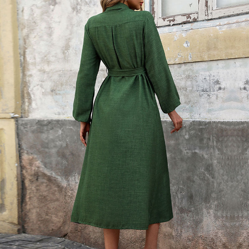 Damen Hemdblusenkleid Langarm Mit Bindegürtel Schlitz