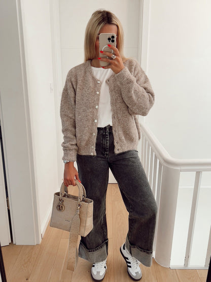 Damen Strickjacke Lässig Feinritz Knöpfe Beige