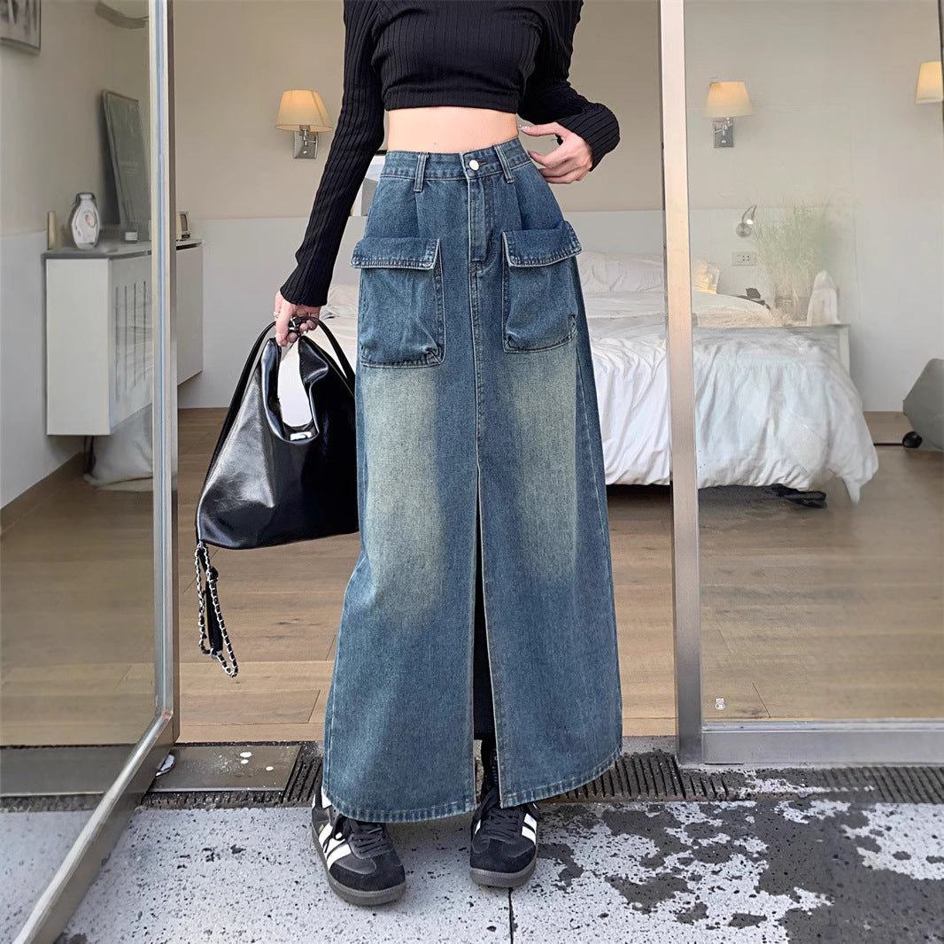 Damen Jeansrock Lang Mit Taschen Schwarz - Norvielle