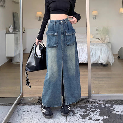 Damen Jeansrock Lang Mit Taschen Schwarz - Norvielle