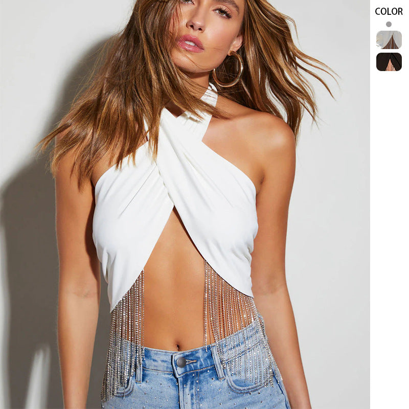 Damen Crop- Strassdetails Glitzernd Weiß - Norvielle