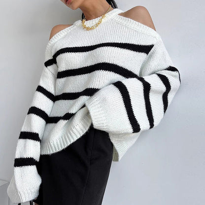 Damen Oversized Pullover Offene Schulter Streifenmuster - Norvielle
