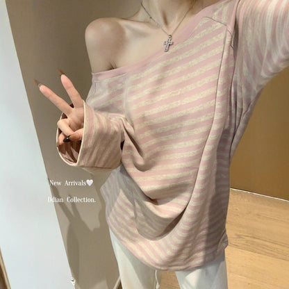 Damen Oversized Off-Shoulder Langarmshirt Streifenmuster