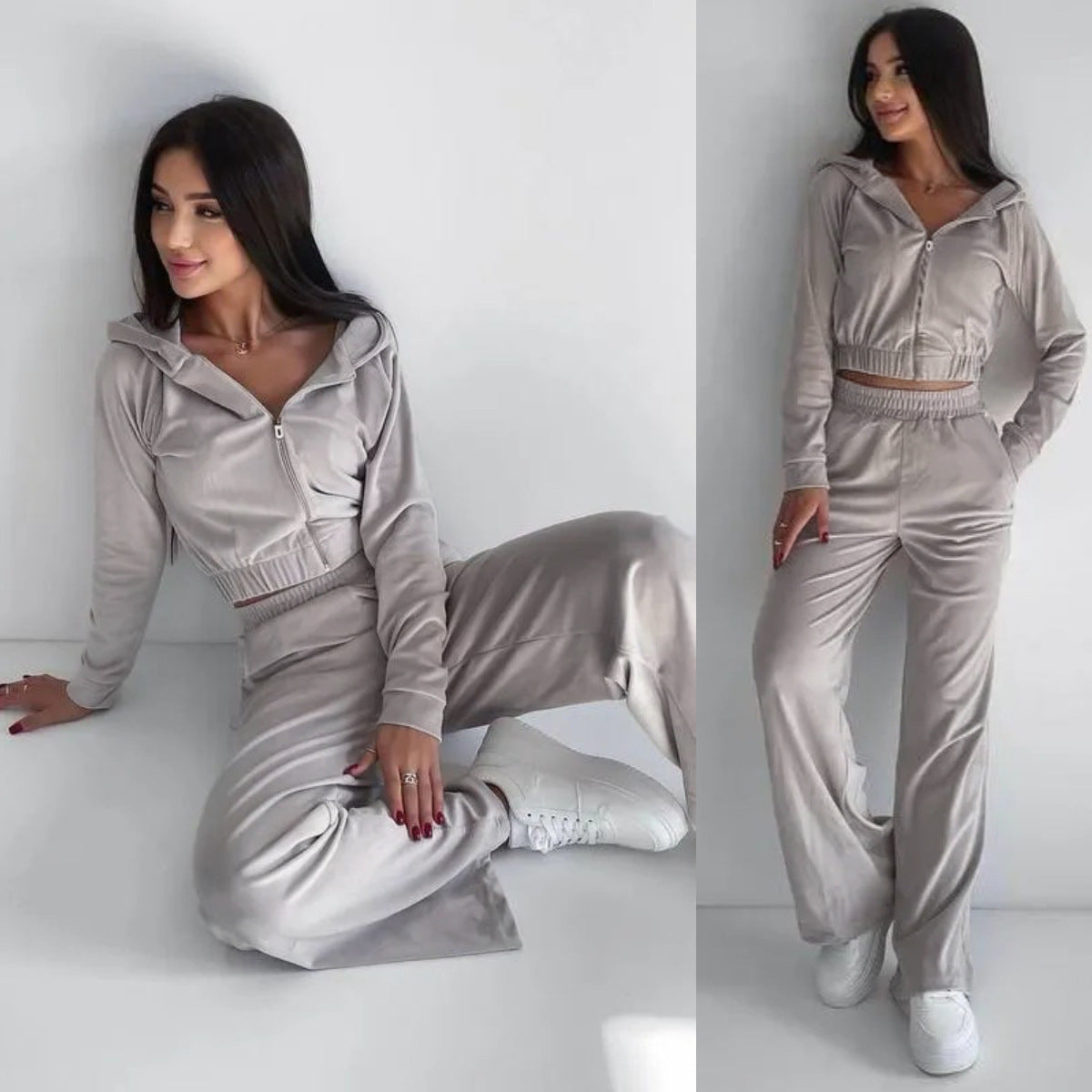 Damen Velours-Loungewear-Set mit Cropped-Jacke und Hosen