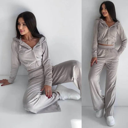 Damen Velours-Loungewear-Set mit Cropped-Jacke und Hosen