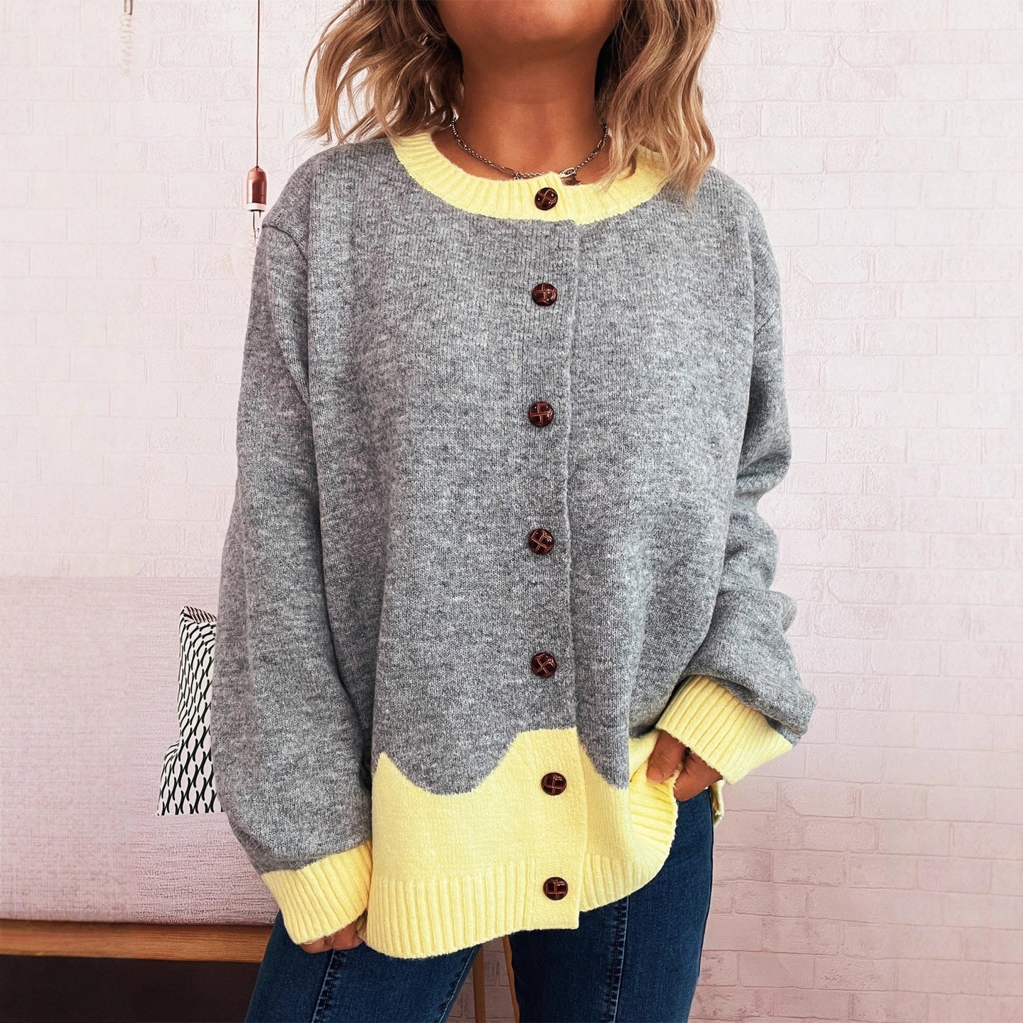 Damen Strickjacke Kuschelig Kontrastbündchen Norvielle