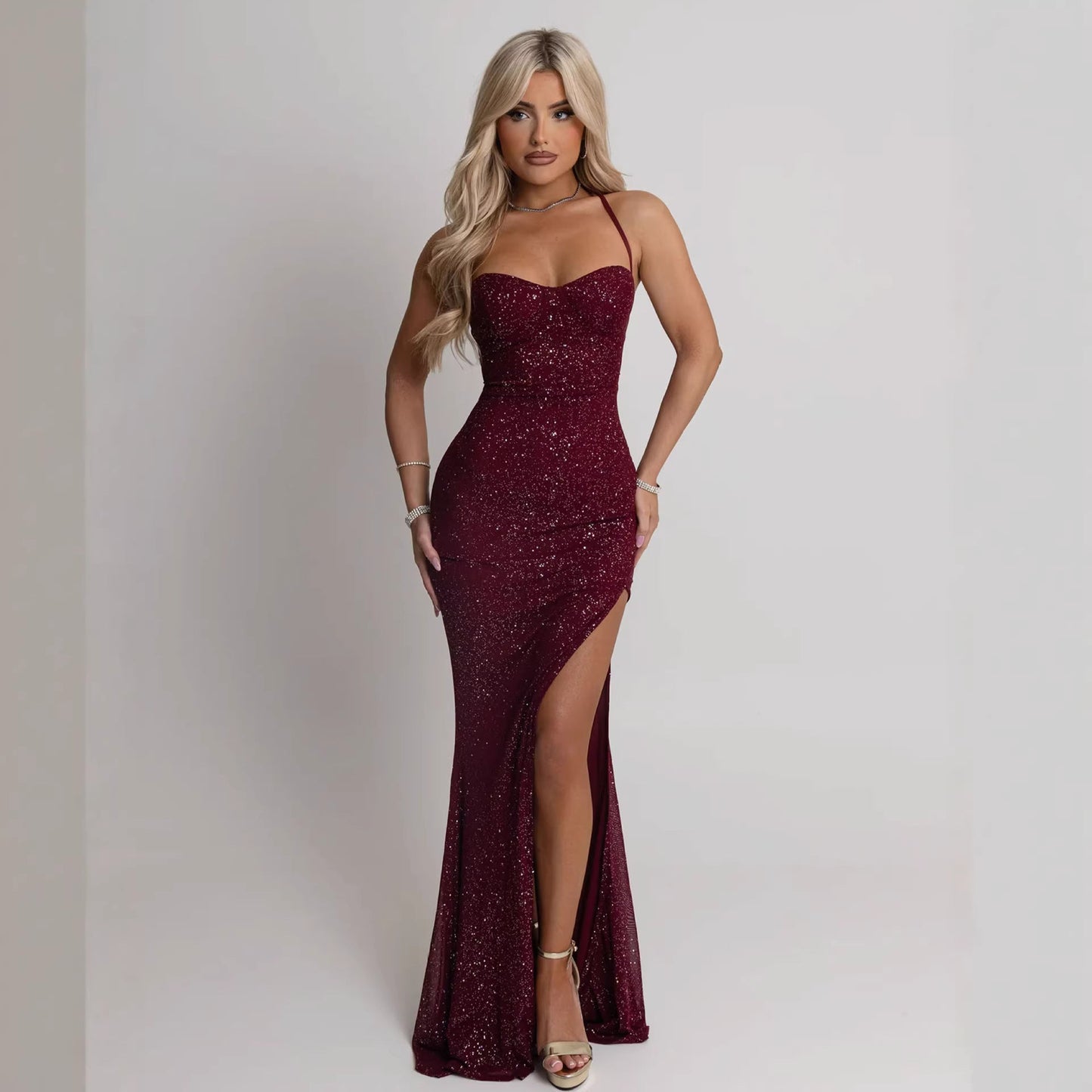 Damen Abendkleid Paillettenbesatz Schlitz