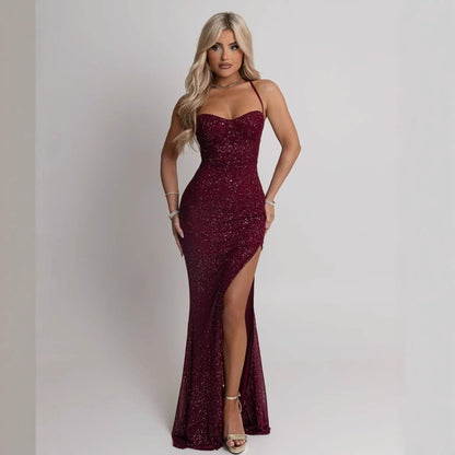 Damen Abendkleid Paillettenbesatz Schlitz