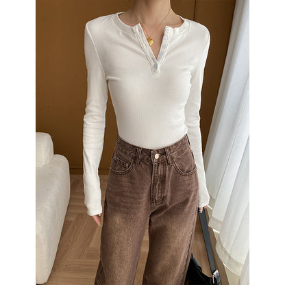 Damen Langarmshirt Knopfleiste Casual Stil Norvielle