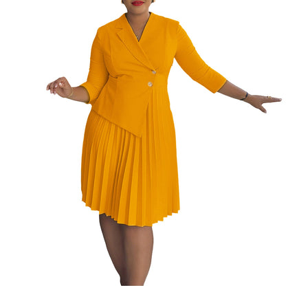 Damen Blazer-Kleid Plissierter Rock Modischer Knopf