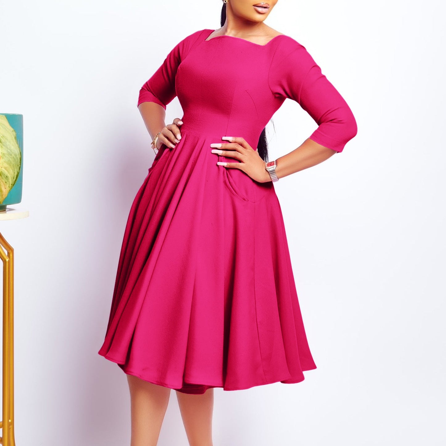Damen A-Linien Kleid mit V-Ausschnitt und Taschen Norvielle