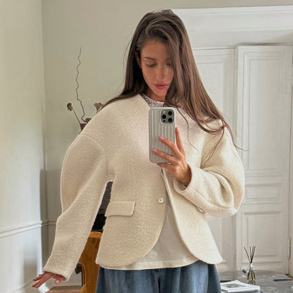 Damen Boucle-Jacke Überschnittene Schultern Knopfverschluss Norvielle