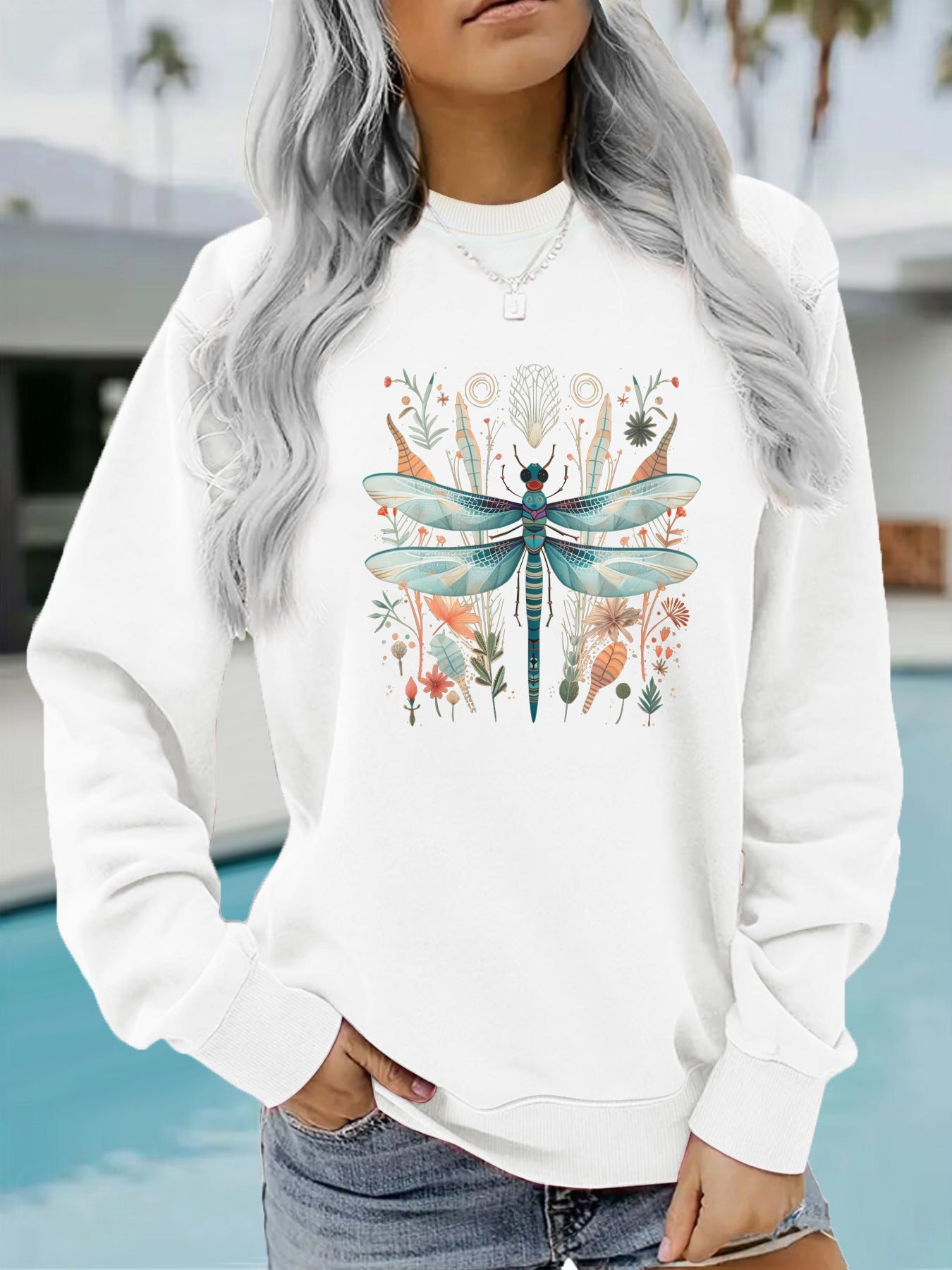 Damen Sweatshirt Libellen-Print Botanisches Design Norvielle