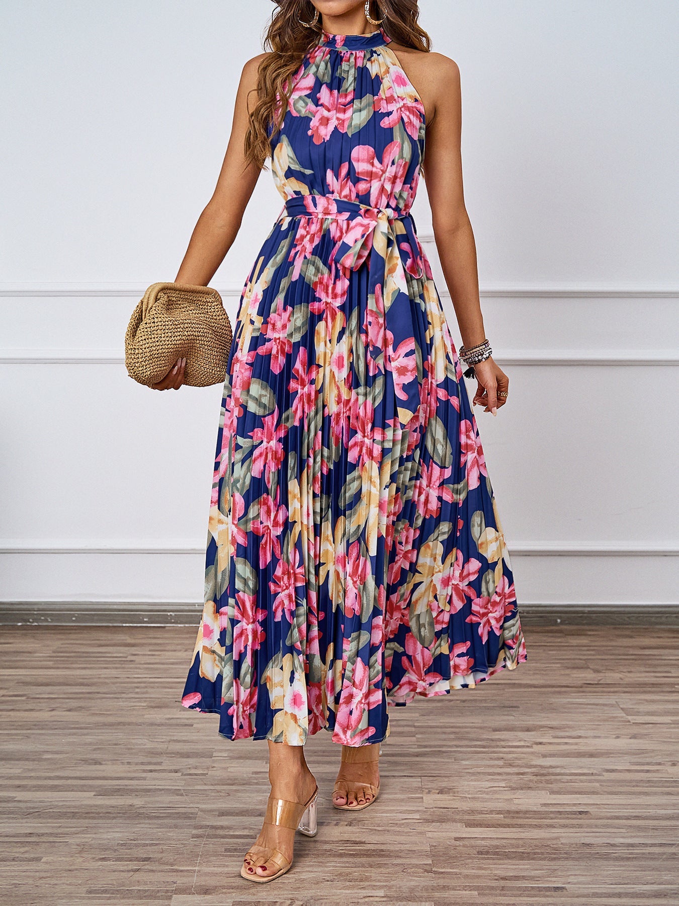Damen Maxikleid Florales Design Gerafftes Oberteil Norvielle