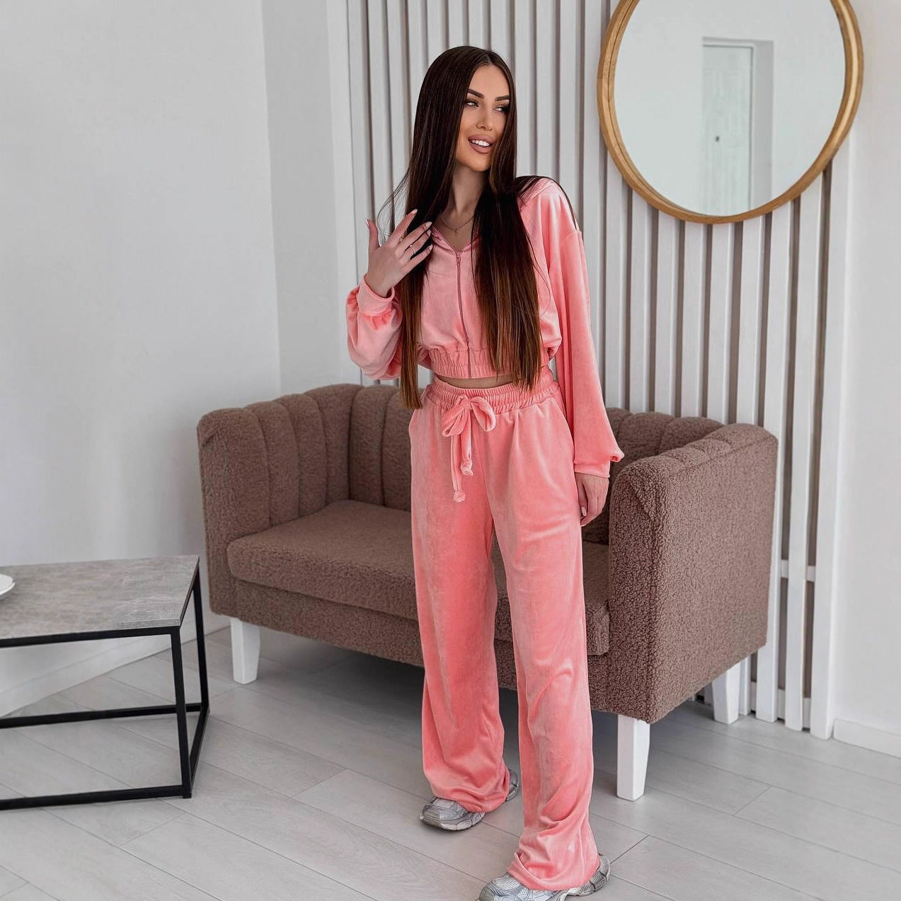 Damen Velours Freizeitanzug Cropped Oberteil Weites Bein