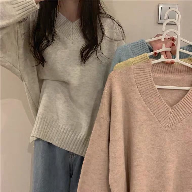 Damen Pullover Weich Wolle V-Ausschnitt Beige