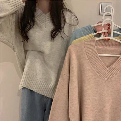 Damen Pullover Weich Wolle V-Ausschnitt Beige
