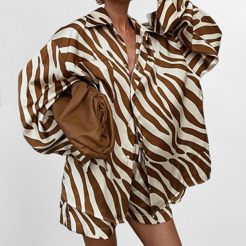 Damen Oversized Hemd Zebra-Print Kurzärmelig Weiß/