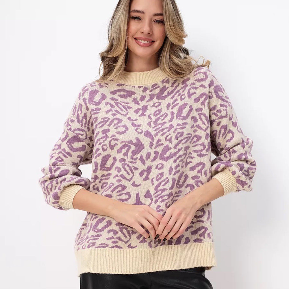Damen Grobstrickpullover Leopardenmuster Lässiger Schnitt