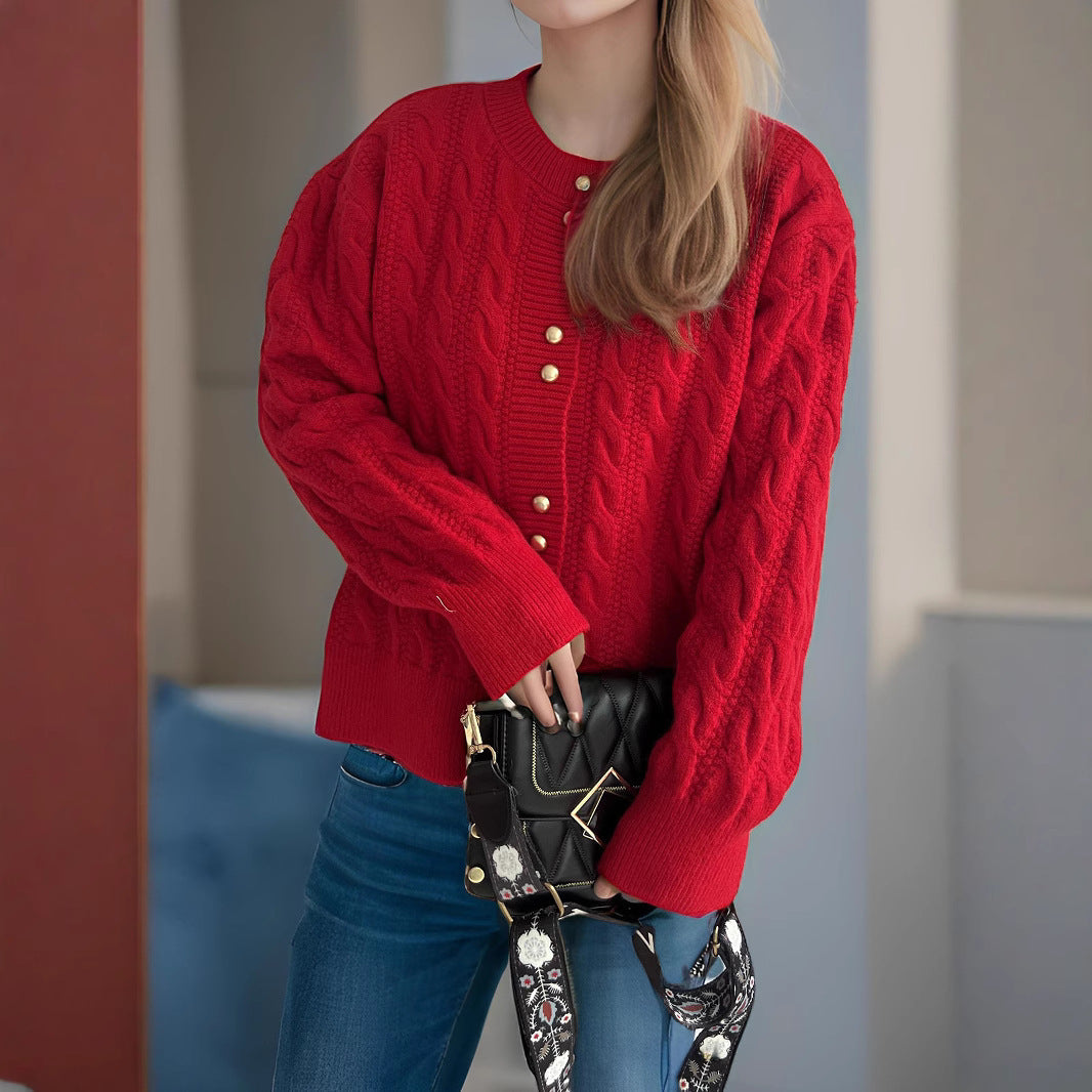Damen Grobstrickjacke Kabelmuster Dekorative Knöpfe Norvielle