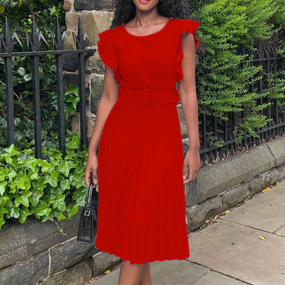 Damen Plissee-Kleid mit Faltenrock und Gürtel