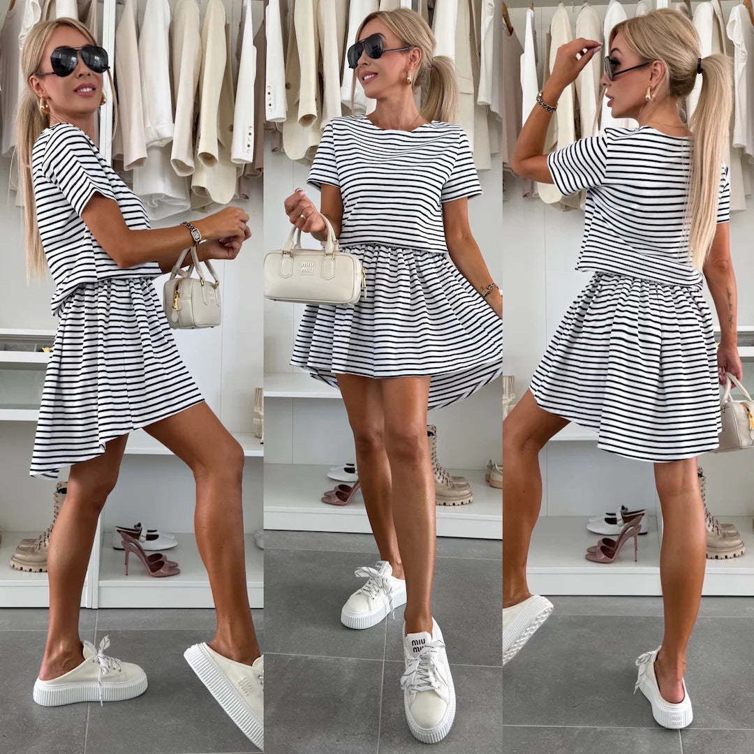Damen Streifen Jerseykleid Fließender Saum