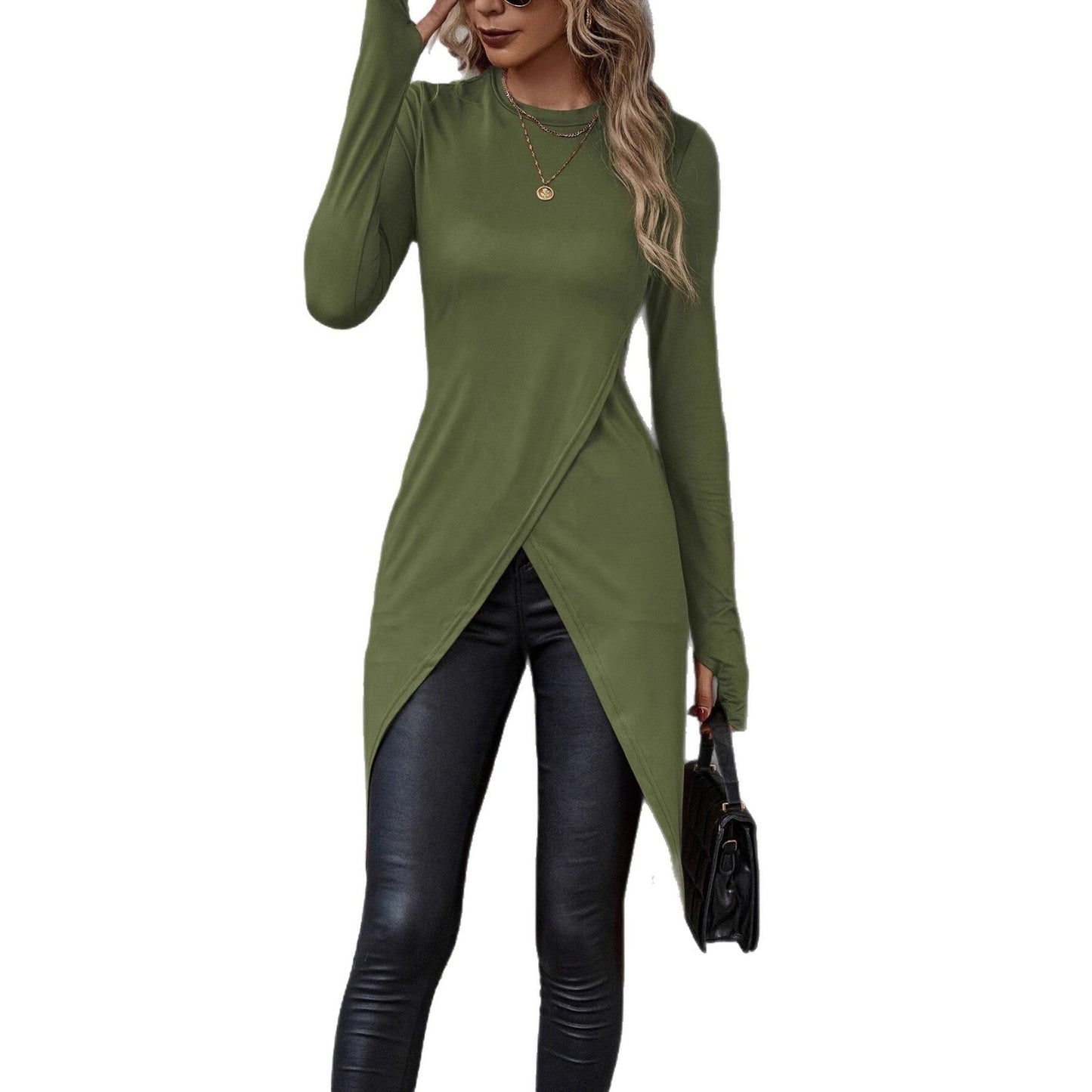 Damen Wickelkleid Langarm Asymmetrisch