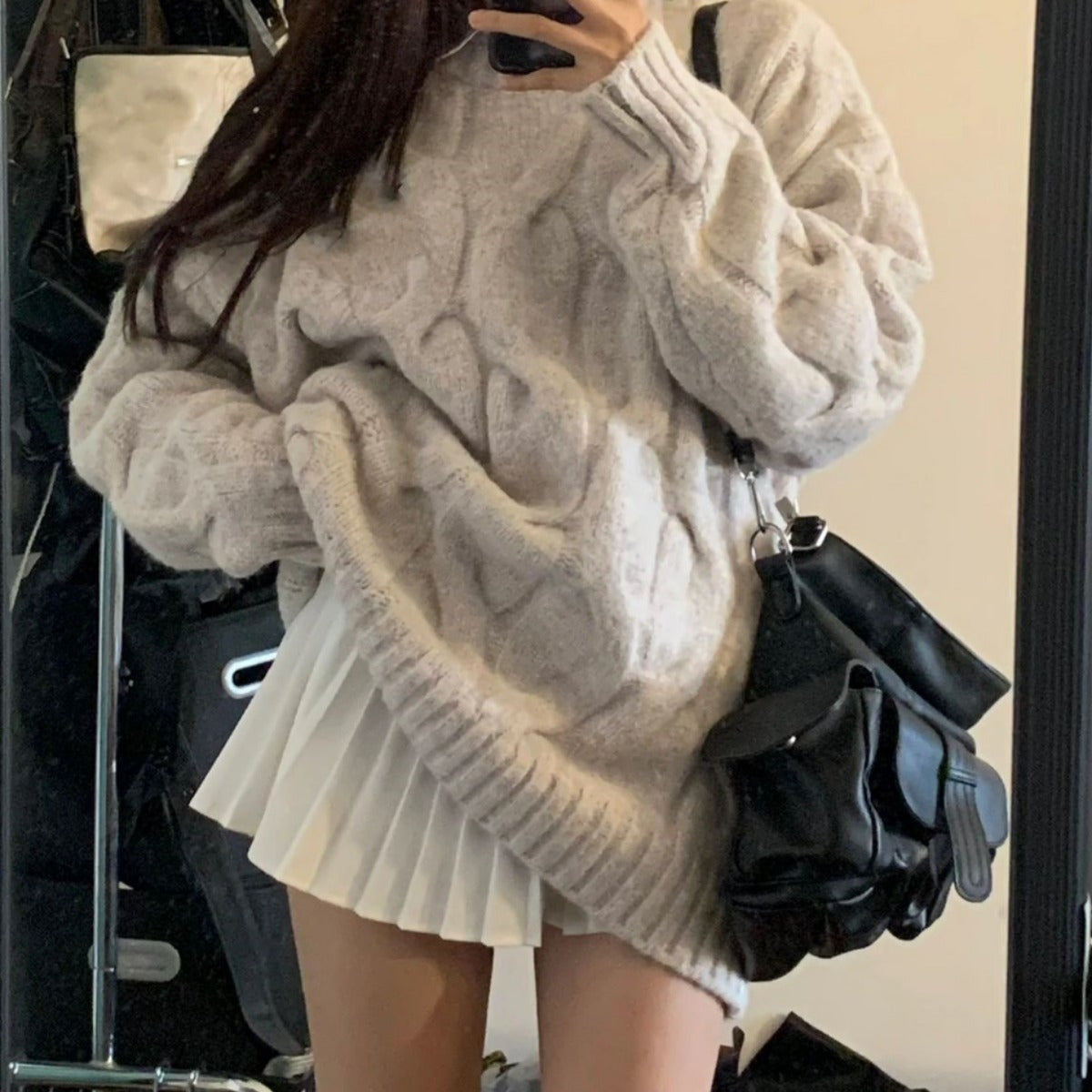 Damen Grobstrickpullover Strukturiertes Zopfmuster Lässig Beige