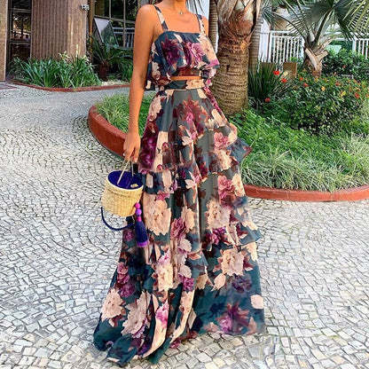 Damen Maxi-Rock Gestufter Volant Florales Design
